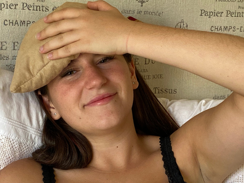 Hot Cherry Eye Pillow in Tan Ultra-suede