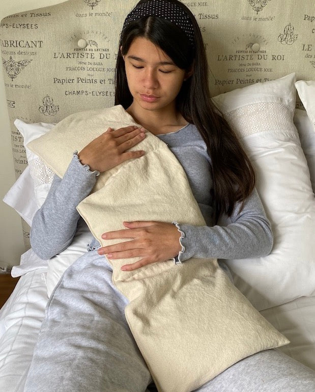 Hot Cherry Triple Square Pillow in Natural Denim