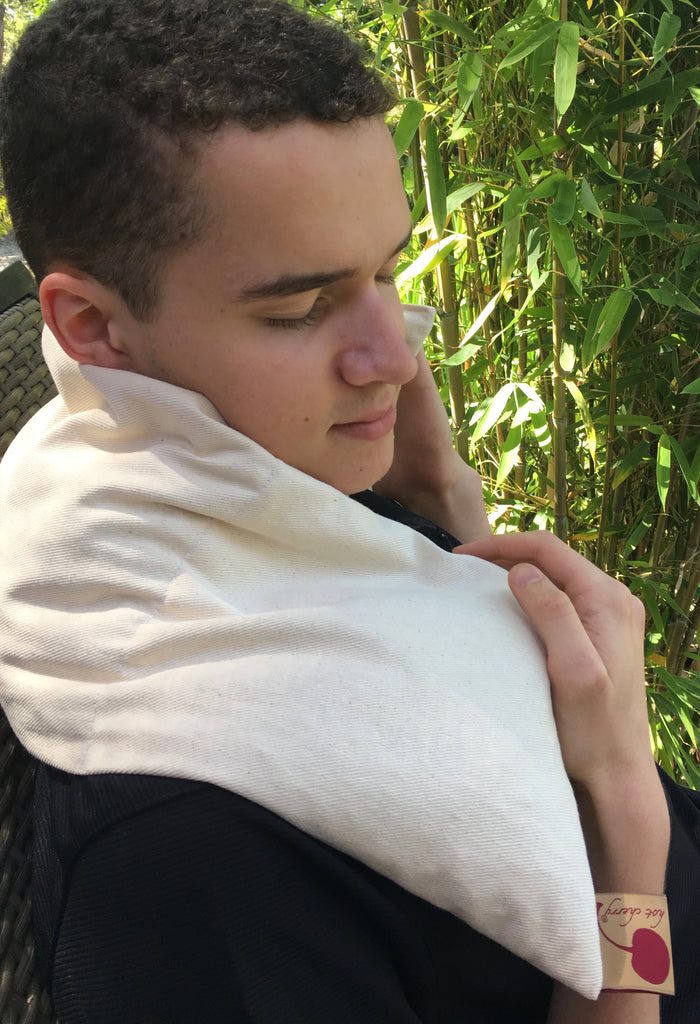 Hot Cherry Triple Square Pillow in Natural Denim