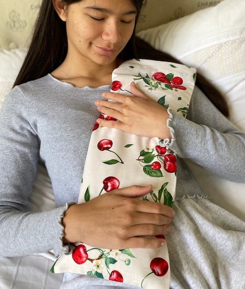 Hot Cherry Rectangular/Cervical Neck Pillow in Unbleached, Pre-washed, Natura Denim with Cherry Print Pillowcase