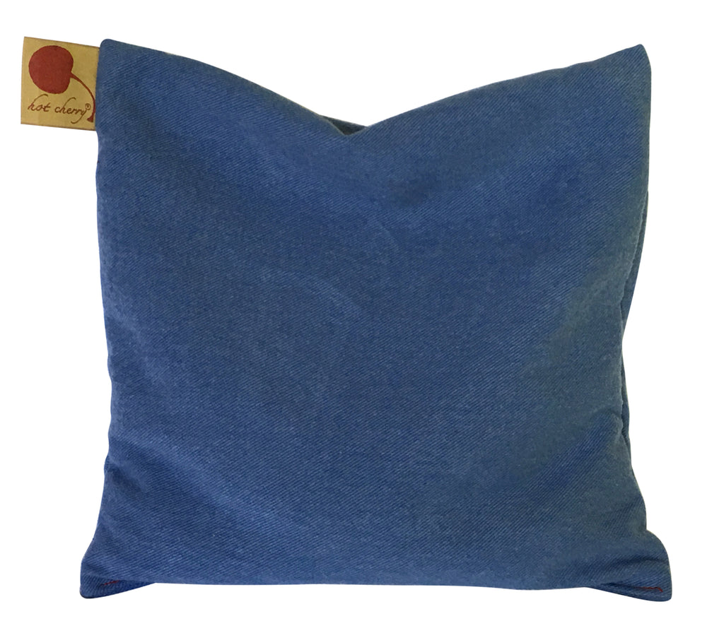 Hot Cherry Square Pillow in Blue Denim